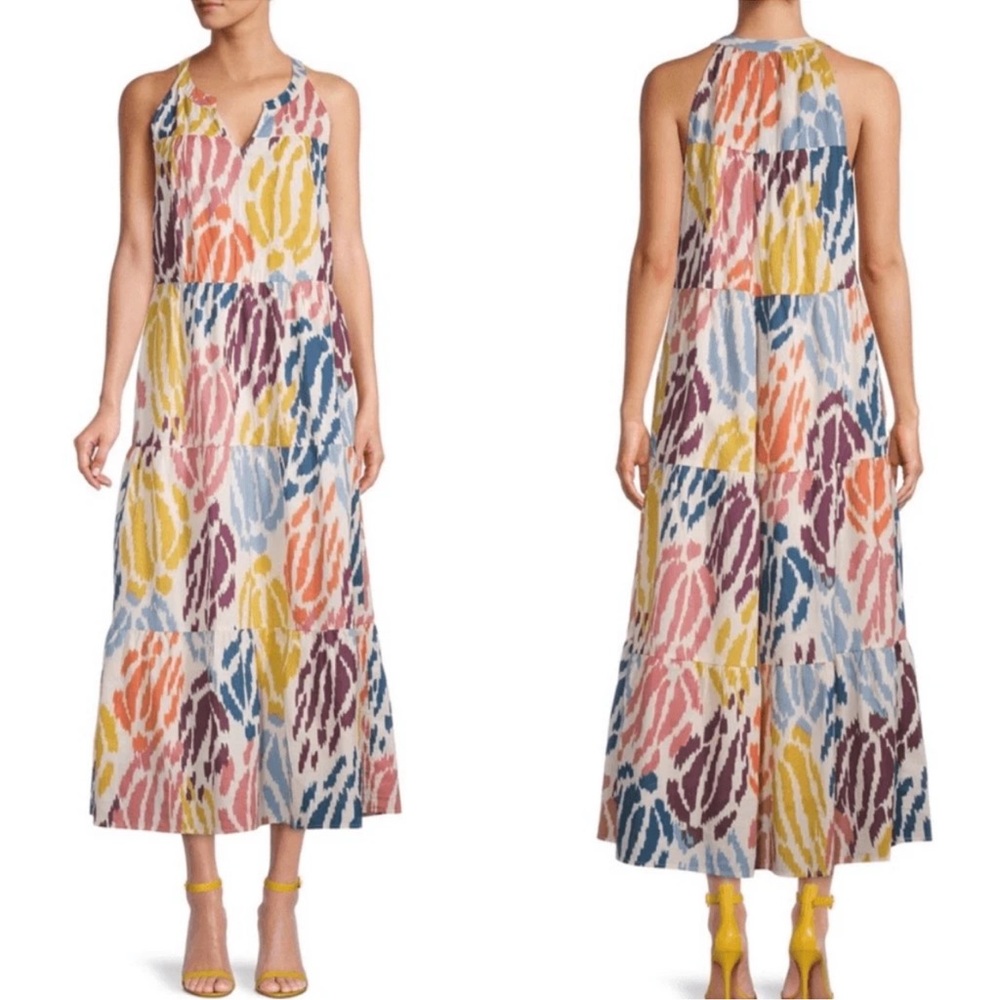 T Tahari Abstract Ikat Large Tiered Boho Maxi Dress